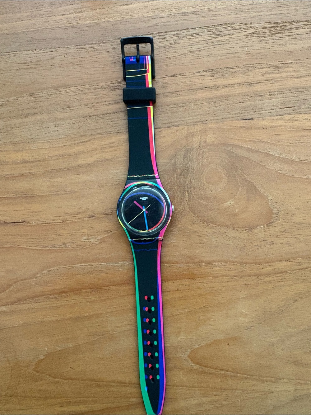 Swatch Black Watch with Neon Pink, Green & Blue Accents